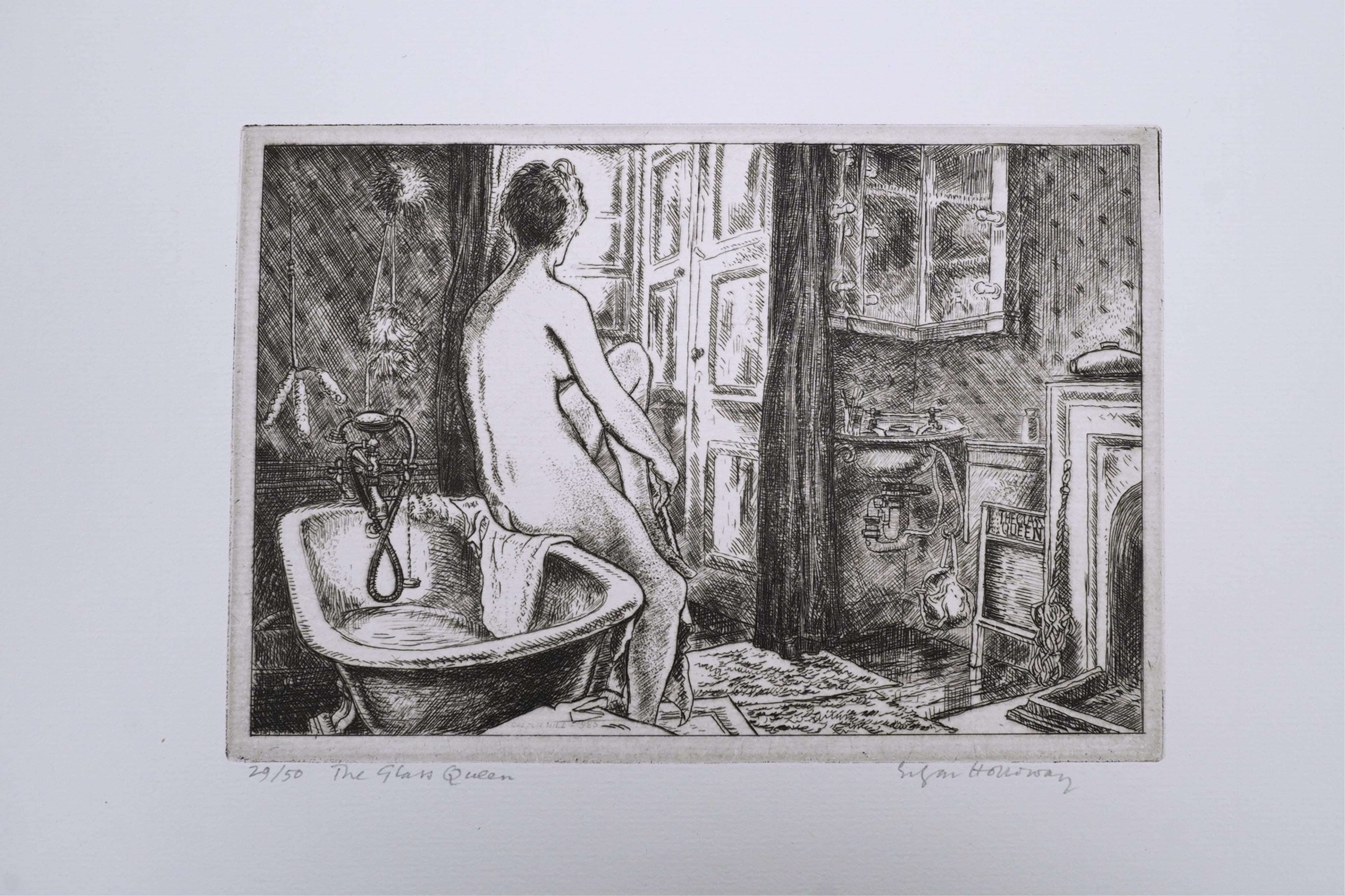 Edgar Holloway (1914-2008), two drypoint etchings; 'The Glass Queen', signed, titled and numbered 29/50, 13 x 18.5cm & 'The Theatre', signed, titled and numbered 15/50, 20 x 34cm. Condition - good, both unmounted.